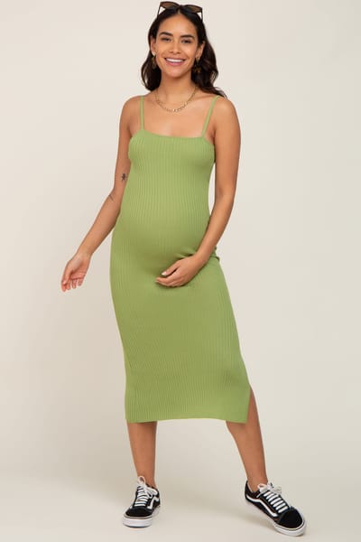 PinkBlush Light Olive Ribbed Knit Side Slit Maternity Midi Dress