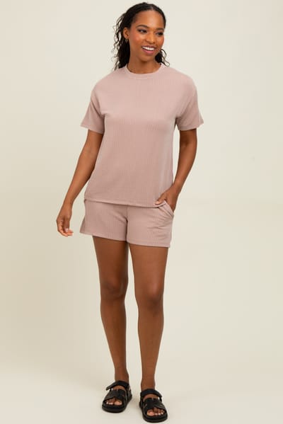 Charmo Mocha Ribbed Short Sleeve Tee and Short Set