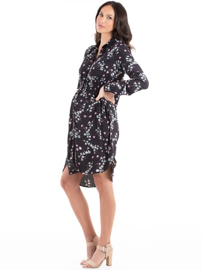 Angel Maternity Button Front Nursing Shirt Dress - Floral