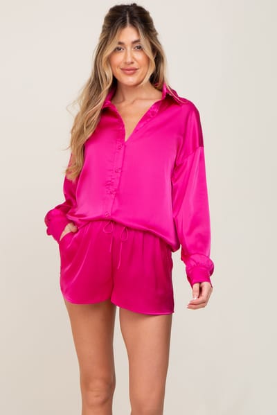 PinkBlush Fuchsia Button Up and Short Satin Maternity Set