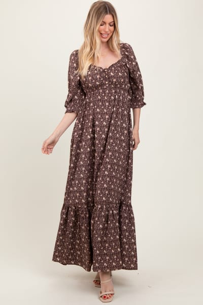 Elloh Chestnut Floral Sweetheart Neckline Maxi Dress
