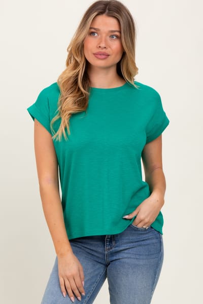 Zenana Outfitters Green Rolled Cuff Short Sleeve Tee