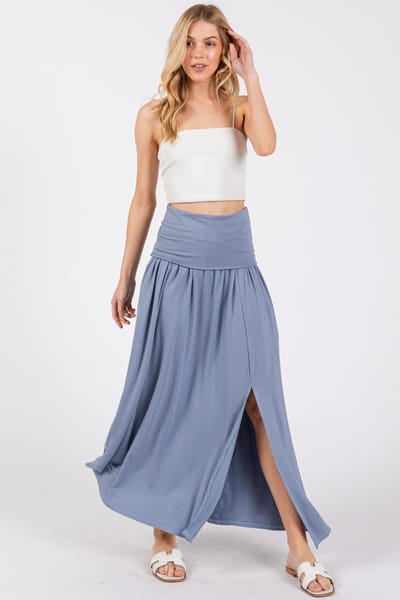 Final Touch Light Blue Foldover Waist Side Slit Maxi Skirt