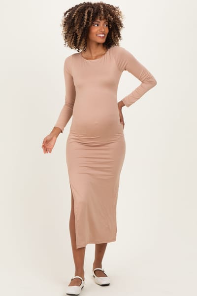 PinkBlush Beige Boat Neck Fitted Long Sleeve Side Slit Maternity Maxi