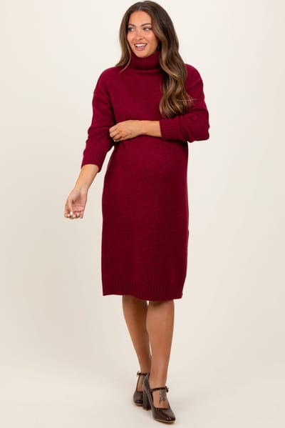 PinkBlush Burgundy Turtleneck Side Slit Maternity Midi Sweater Dress