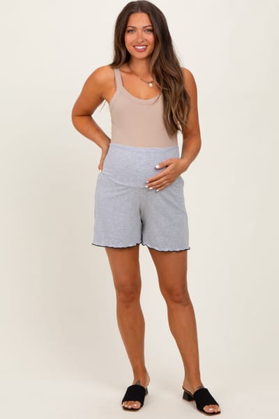 Hello Miz Heather Gray Ribbed Maternity High Waisted Maternity Lounge Shorts