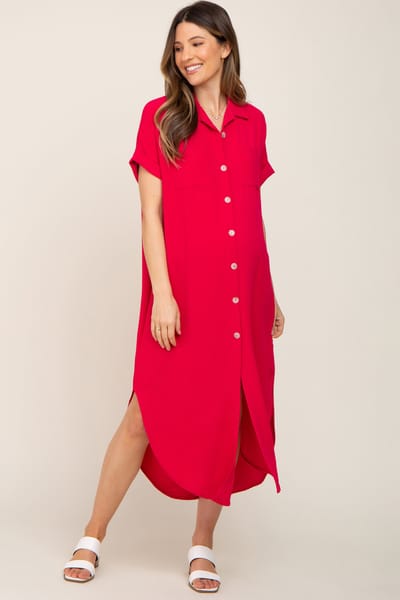 salt & bit Fuchsia Button Down Hi Low Maternity Maxi Dress