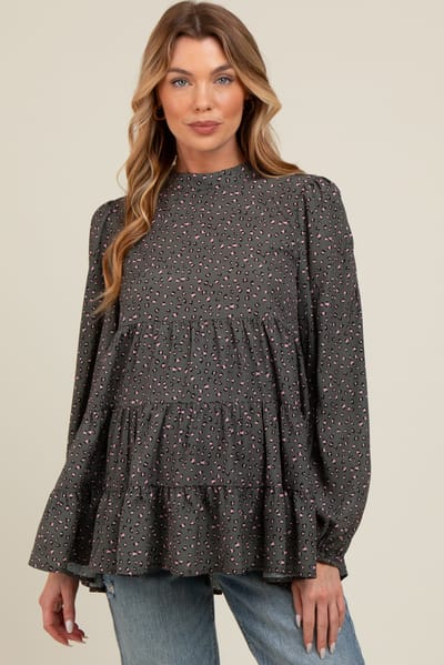 Lime N Chili Olive Animal Print Mock Neck Tiered Maternity Top