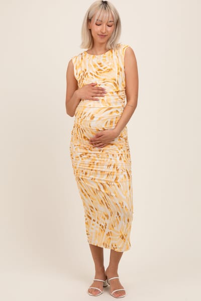 Flying Tomato Yellow Printed Ruched Sleeveless Maternity Midi Dress