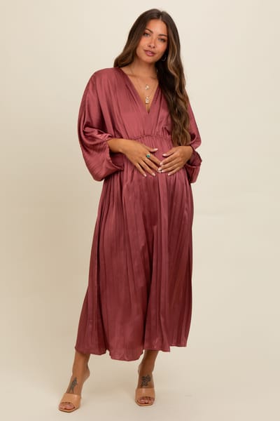 PinkBlush Mauve Satin Pleated V-Neck Maternity Maxi Dress