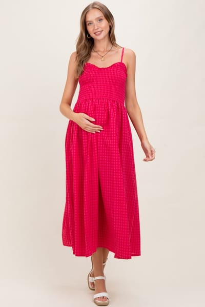 MIOU MUSE Red Gingham Smocked Ruffle Accent Maternity Maxi Dress