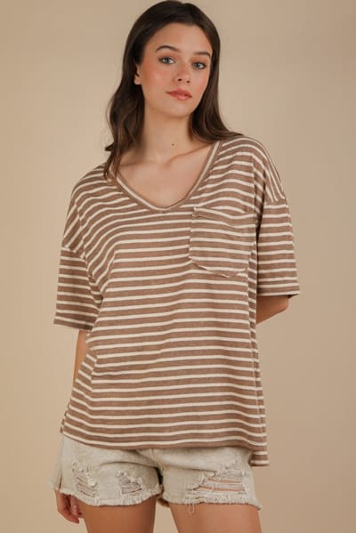 Very J Mocha Striped Oversized V-Neck Front Pocket T-Shirt