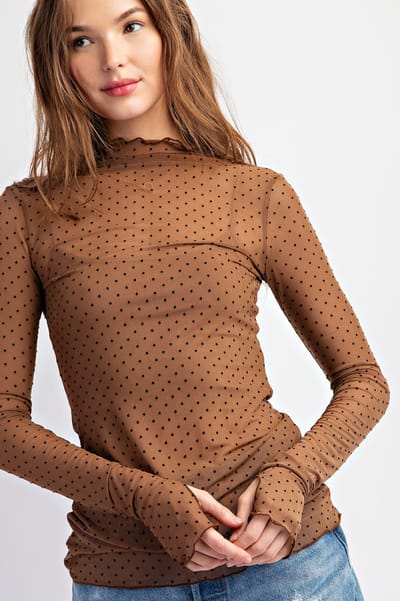 Sweet Generis Brown Polka Dot Mesh Long Sleeve Top