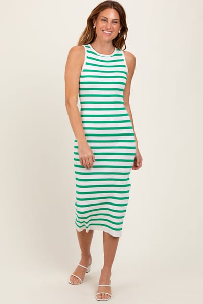 Papermoon Green Striped Knit Sleeveless Side Slit Midi Dress