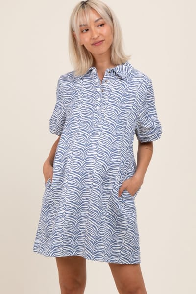 PinkBlush Blue Zebra Print Pocketed Maternity Mini Dress