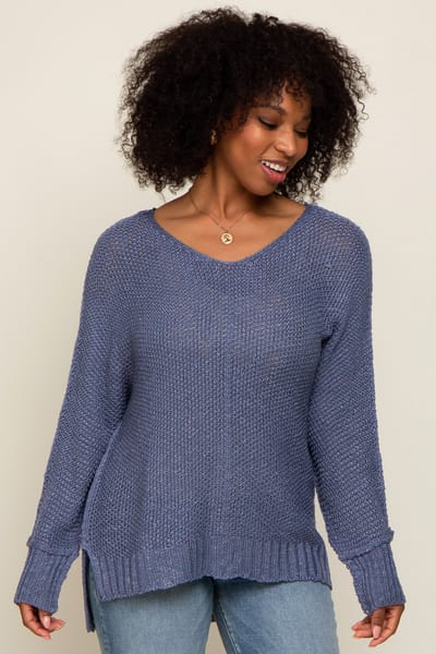 Bluivy Blue Chunky Knit Side Slit Sweater
