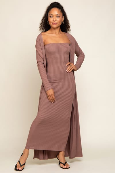 Rhea + Thea Mocha Ribbed Sleeveless Dress Cardigan Set