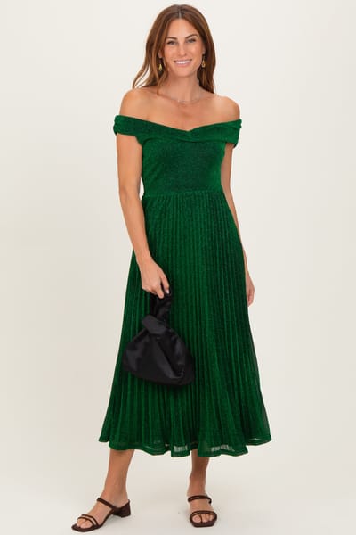 Dress Day Forest Green Shimmer Off Shoulder Pleated Midi Dress