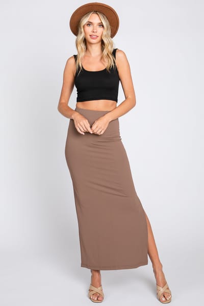 Sweet Generis Mocha Ribbed Side Slit Midi Skirt