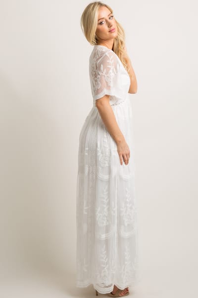 Rhea + Thea PinkBlush White Lace Mesh Overlay Maxi Dress