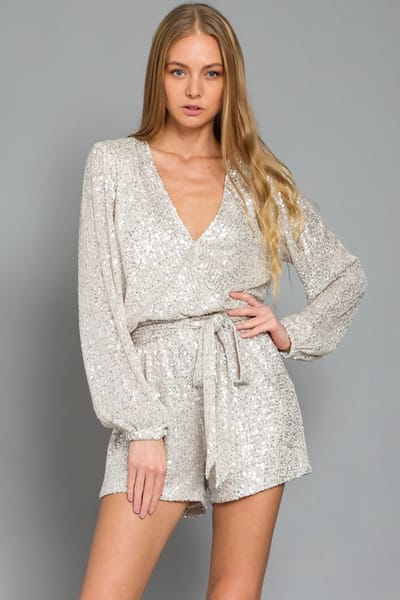Aakaa Silver Long Sleeve Sequin Romper