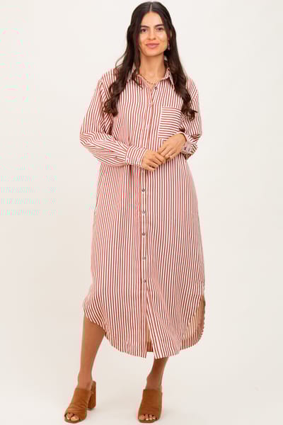 Entro Rust Textured Stripe Button Down Shirt Dress