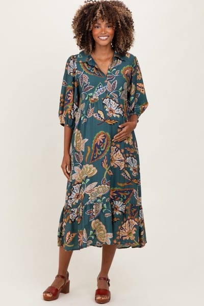 PinkBlush Teal Floral Collared 3/4 Sleeve Maternity Midi Dress