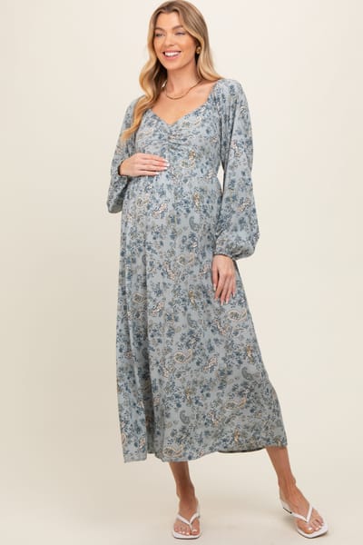 Final Touch Light Blue Floral Paisley Long Sleeve Maternity Midi Dress