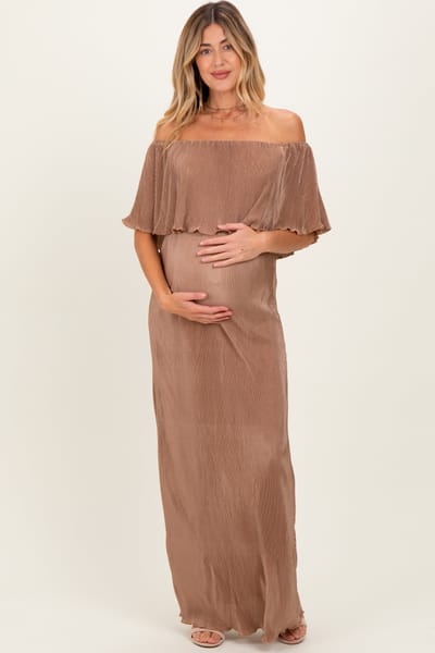 Dress Day Mocha Pleated Ruffle Off Shoulder Maternity Maxi Dress