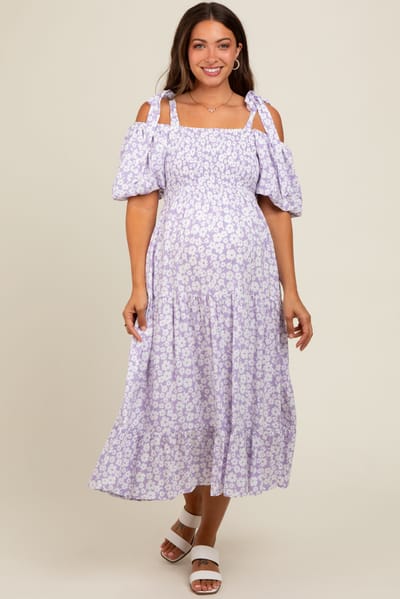 Listicle Lavender Floral Off Shoulder Smocked Maternity Dress