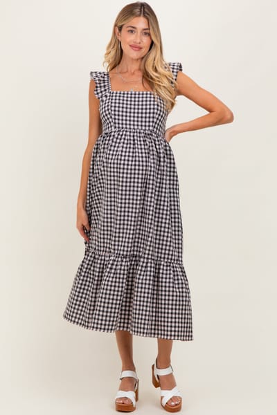 Elloh Black Gingham Ruffle Strap Maternity Midi Dress