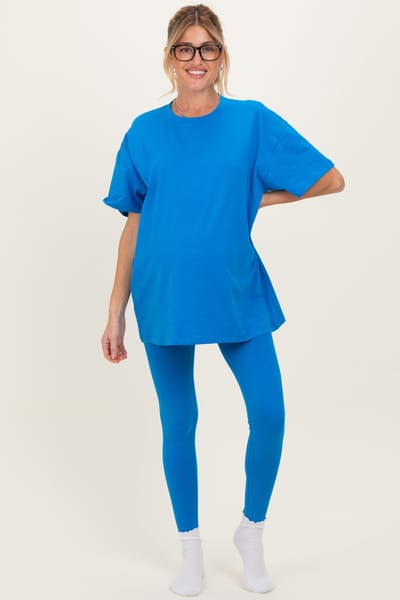 Zenana Outfitters Ocean Blue Oversized Crewneck Short Sleeve and Legging Maternity Set