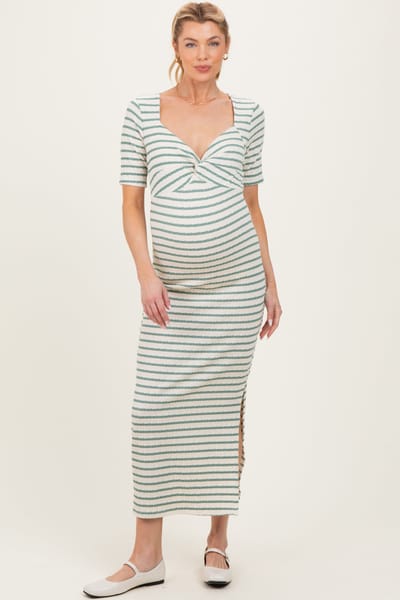 Rhea + Thea Cream/ Sage Striped Knit Short Sleeve Maternity Maxi Dress