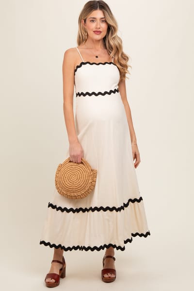 Aaron & Amber Beige Colorblock Trim Maternity Midi Dress