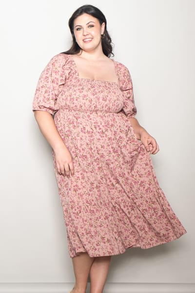 Elloh Pink Floral Smocked Plus Midi Dress