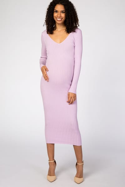 PinkBlush Lavender V-Neck Long Sleeve Fitted Maternity Maxi Dress