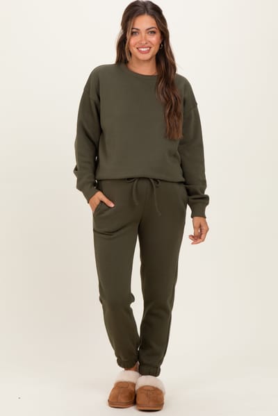 PinkBlush Olive Fleece Long Sleeve Maternity Pullover & Jogger Set