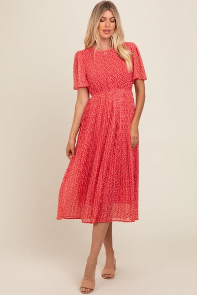 Hayden Red Floral Pleated Midi Dress