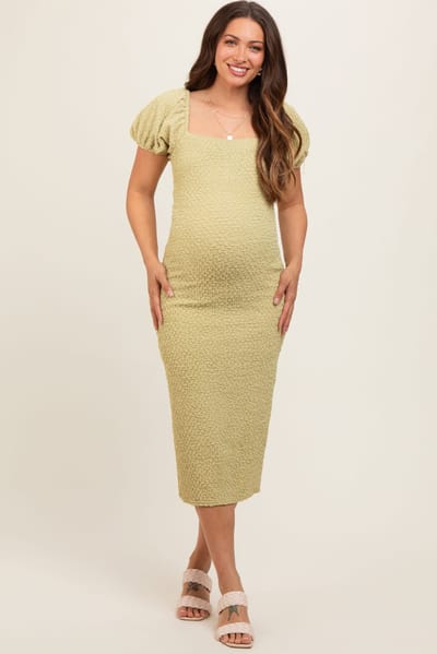 PinkBlush Lime Popcorn Textured Short Puff Sleeve Maternity Midi Dress