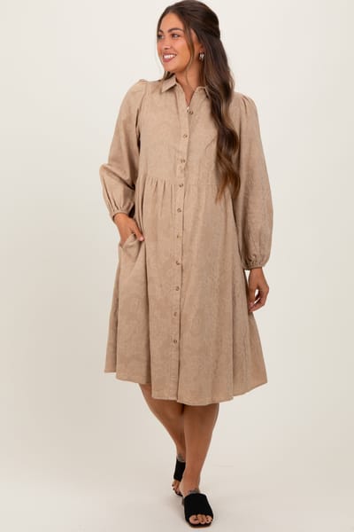 Polagram Camel Tiered Button Down Maternity Shirt Dress
