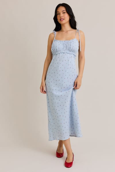 Le Lis Light Blue Cherry Print Shoulder Tie Midi Dress