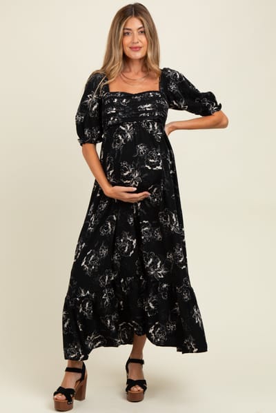 Elloh Black Rose Print Pleated Bodice Maternity Maxi Dress