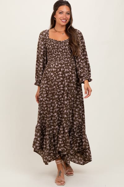 Elloh Brown Floral Smocked Handkerchief Hem Maternity Maxi Dress