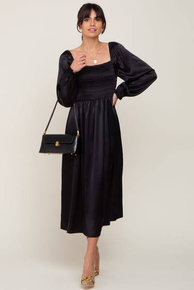 Elloh Black Smocked Square Neck Satin Midi Dress