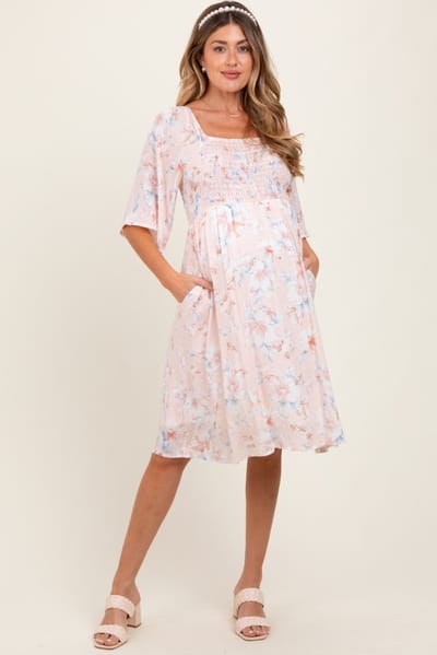 Chris & Carol Peach Floral Smocked Maternity Midi Dress