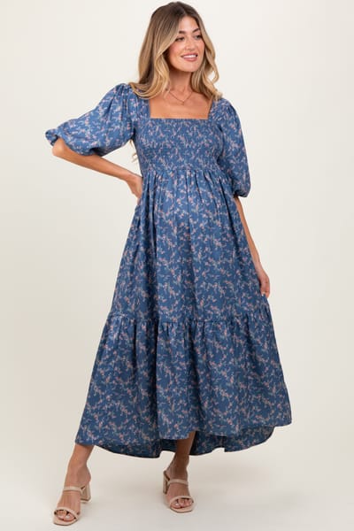 Elloh Blue Floral Smocked Hi-Low Puff Sleeve Maternity Maxi Dress