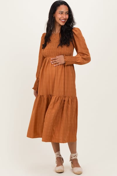 PinkBlush Copper Textured Stripe Smocked Maternity Midi Dress