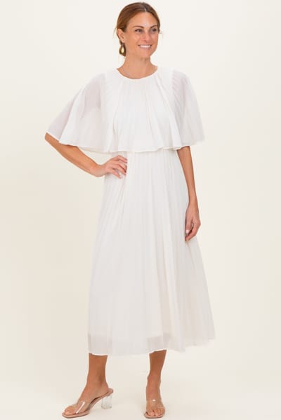 Dress Day Cream Pleated Cape Midi Dress