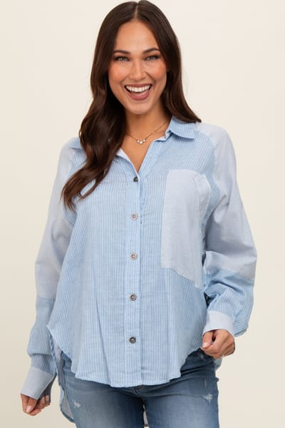 PinkBlush Light Blue Striped Colorblock Button Up Maternity Top