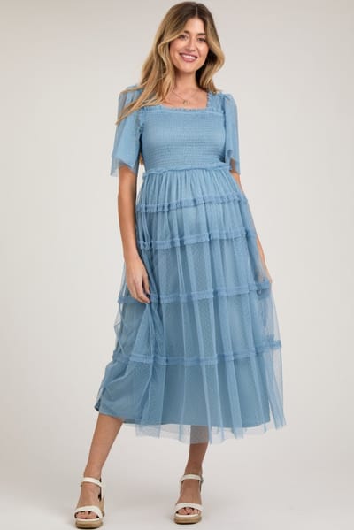 Dress Day Blue Ruffled Mesh Maternity Maxi Dress